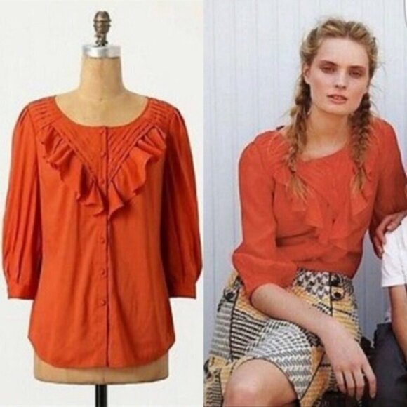 MAEVE Anthropologie Nicoleta Orange Rust Ruffle Pintuck Blouse Top Women's Sz 6 - Picture 1 of 8